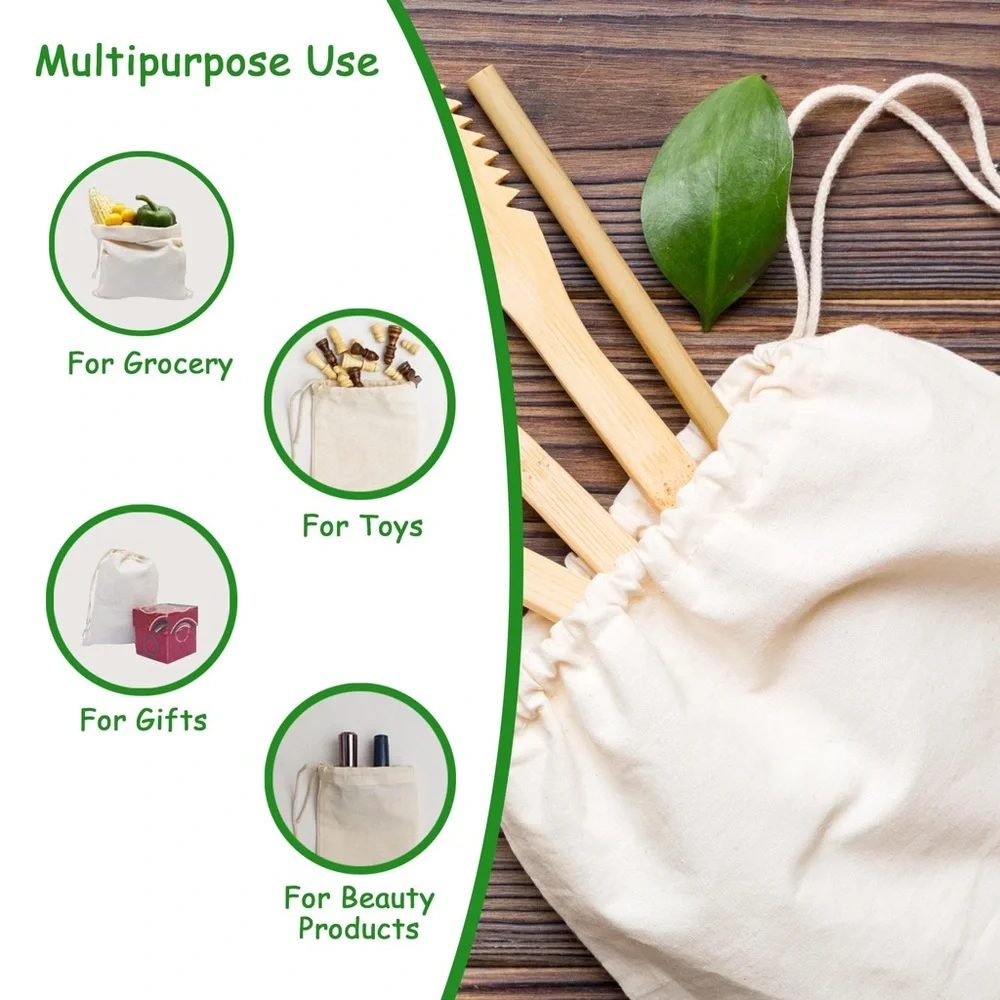 Reusable Cotton Storage Produce Bags With Drawstrings, Muslin Bags